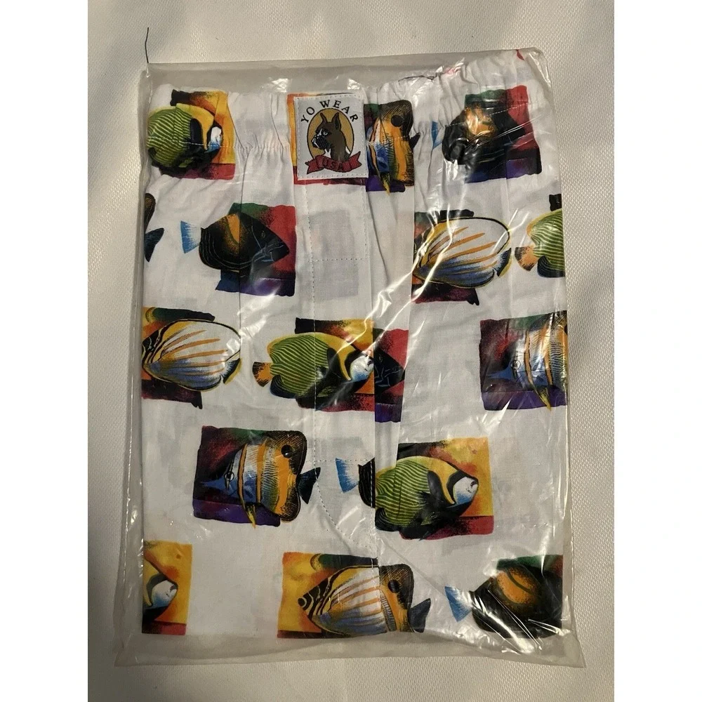 NOS Vintage Maxx Boxer Yo Wear White Fish Boxer Style Shorts Unisex 90s L USA